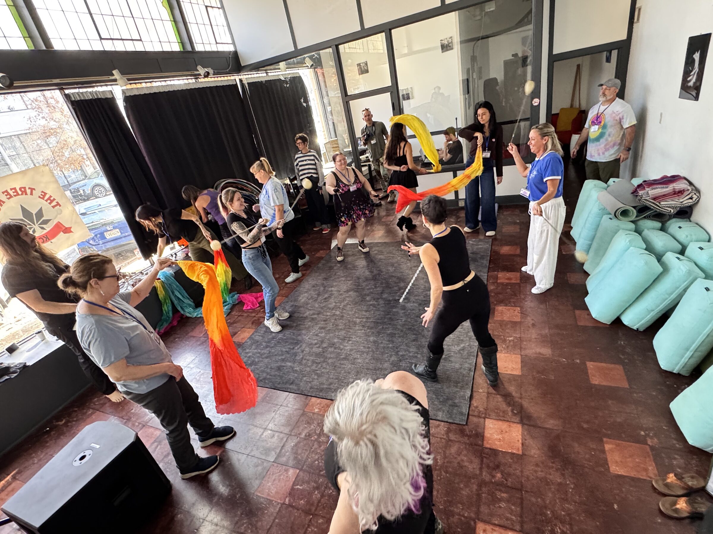 Movement workshop with colorful scarves at KCPC 2025